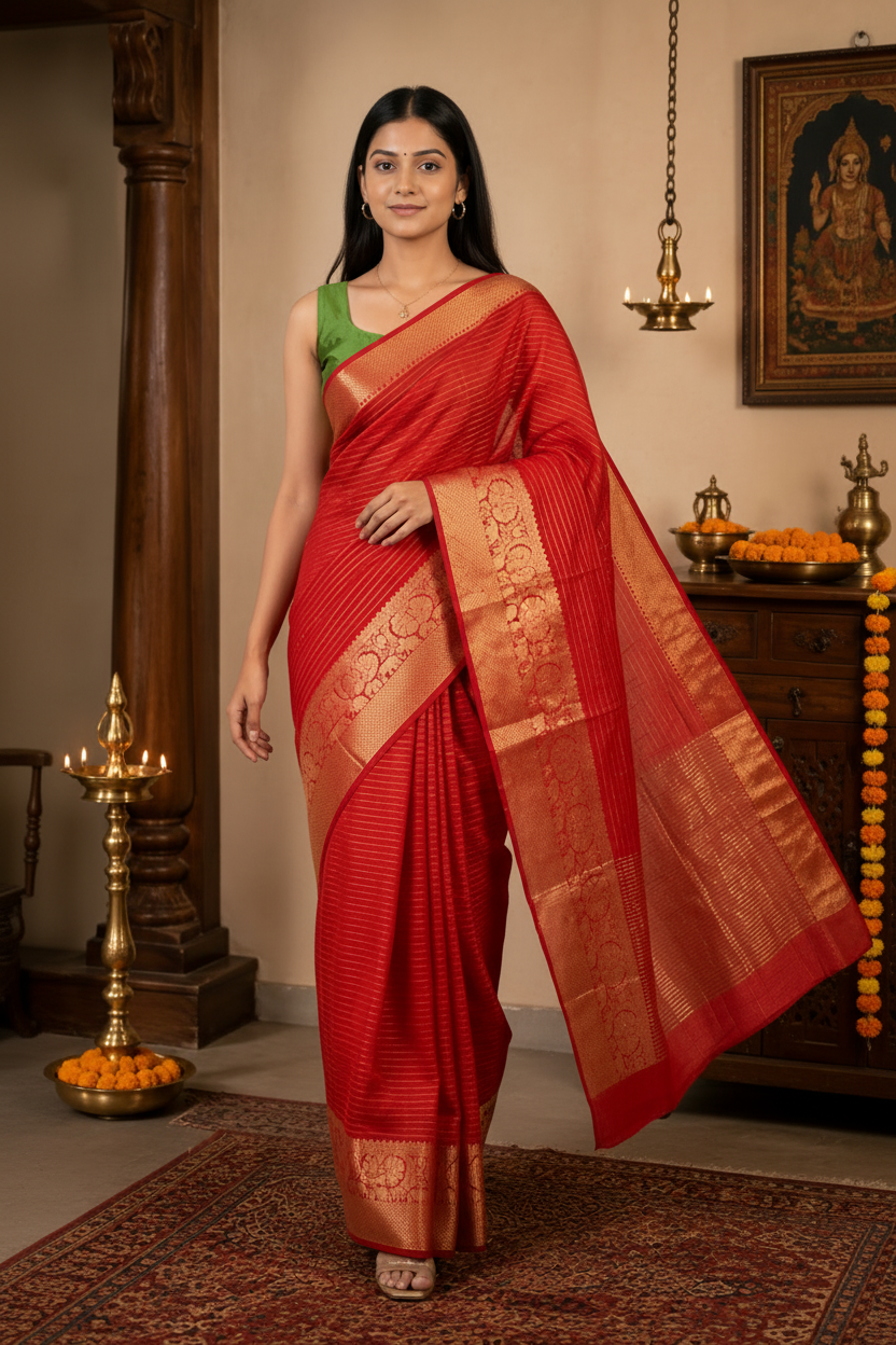 Sunset Radiance Mysore Crepe Silk Saree – Orange Elegance Edition