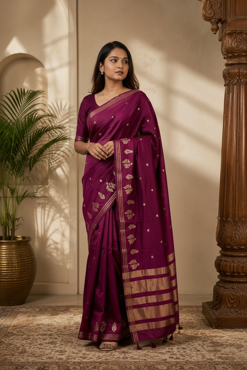 Woman in a purple saree standing indoors with decorative elements.