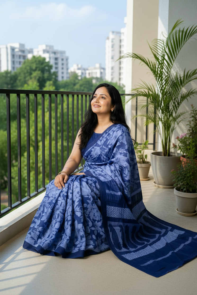 A woman wearing a blue patterned saree and matching sleeveless blouse stands on a balcony with green trees and potted plants in the background.