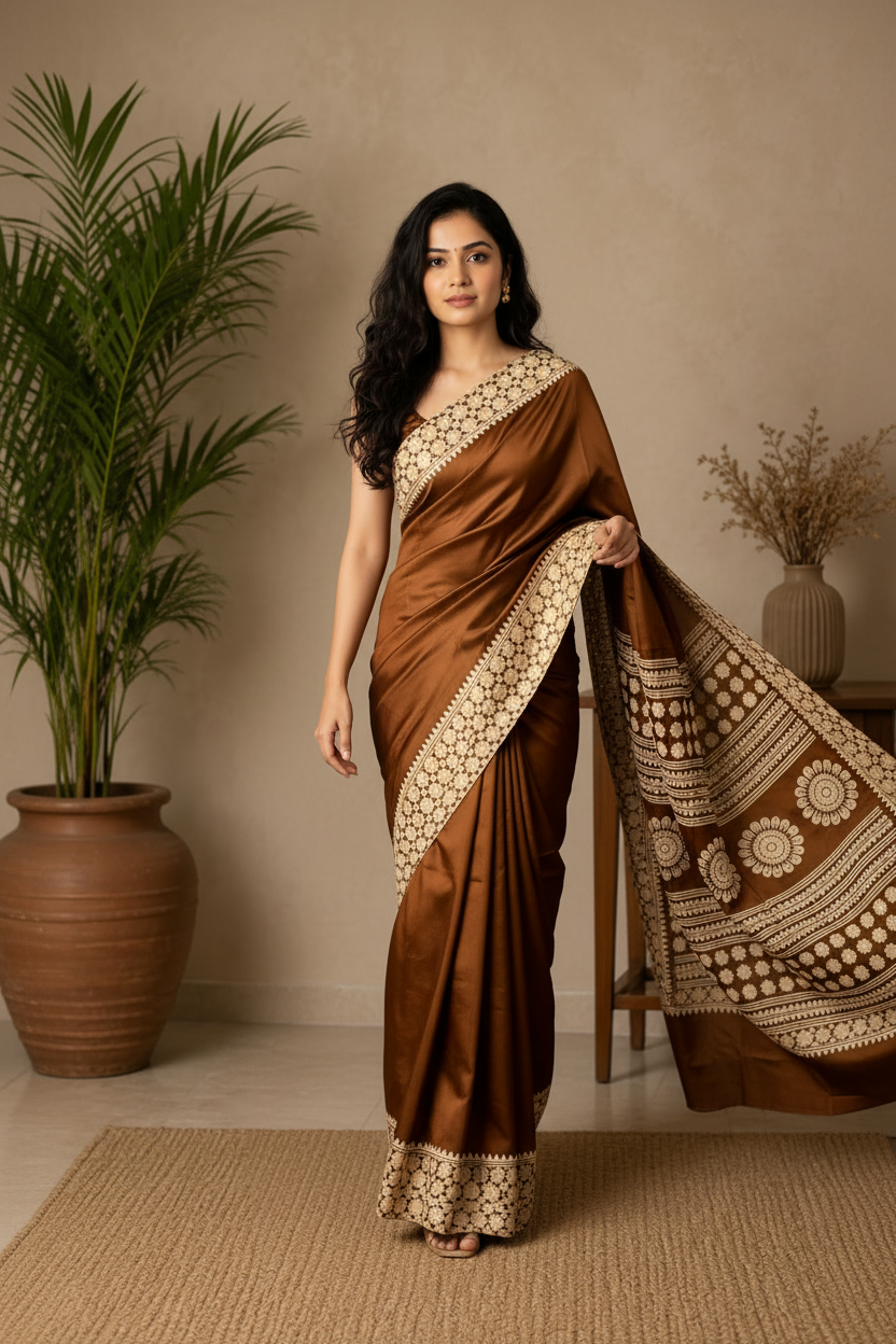 Woman wearing a brown saree with white patterns in a room with a plant and vase.