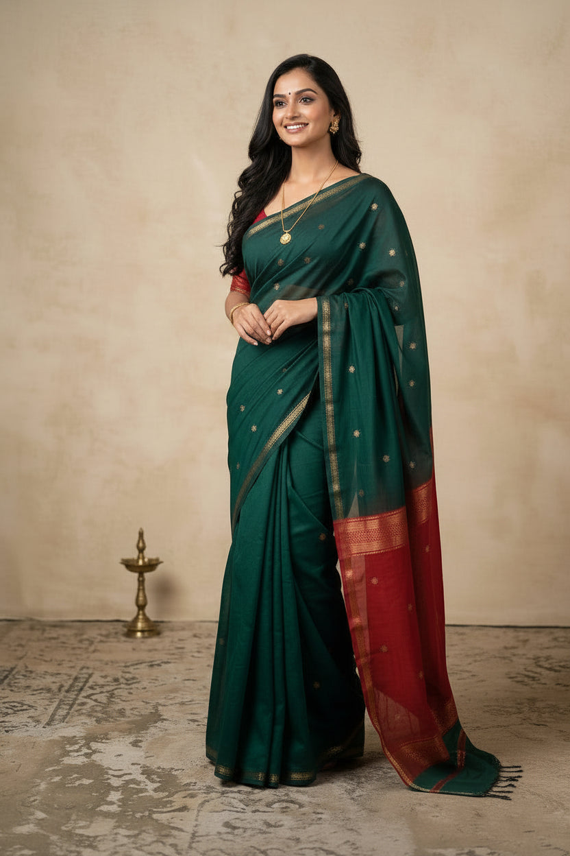 Woman wearing a green and red saree with a plain background