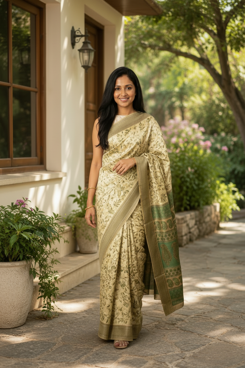 A woman stands outdoors on a stone walkway wearing a light beige and olive green patterned saree with a matching blouse. The background shows a building exterior with potted plants and greenery.