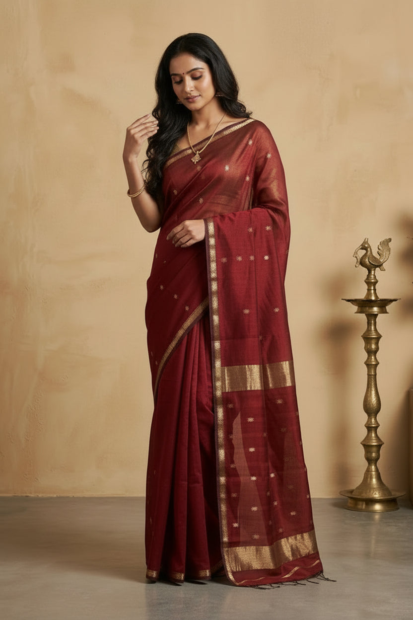 Woman wearing a maroon saree with gold border against a beige background