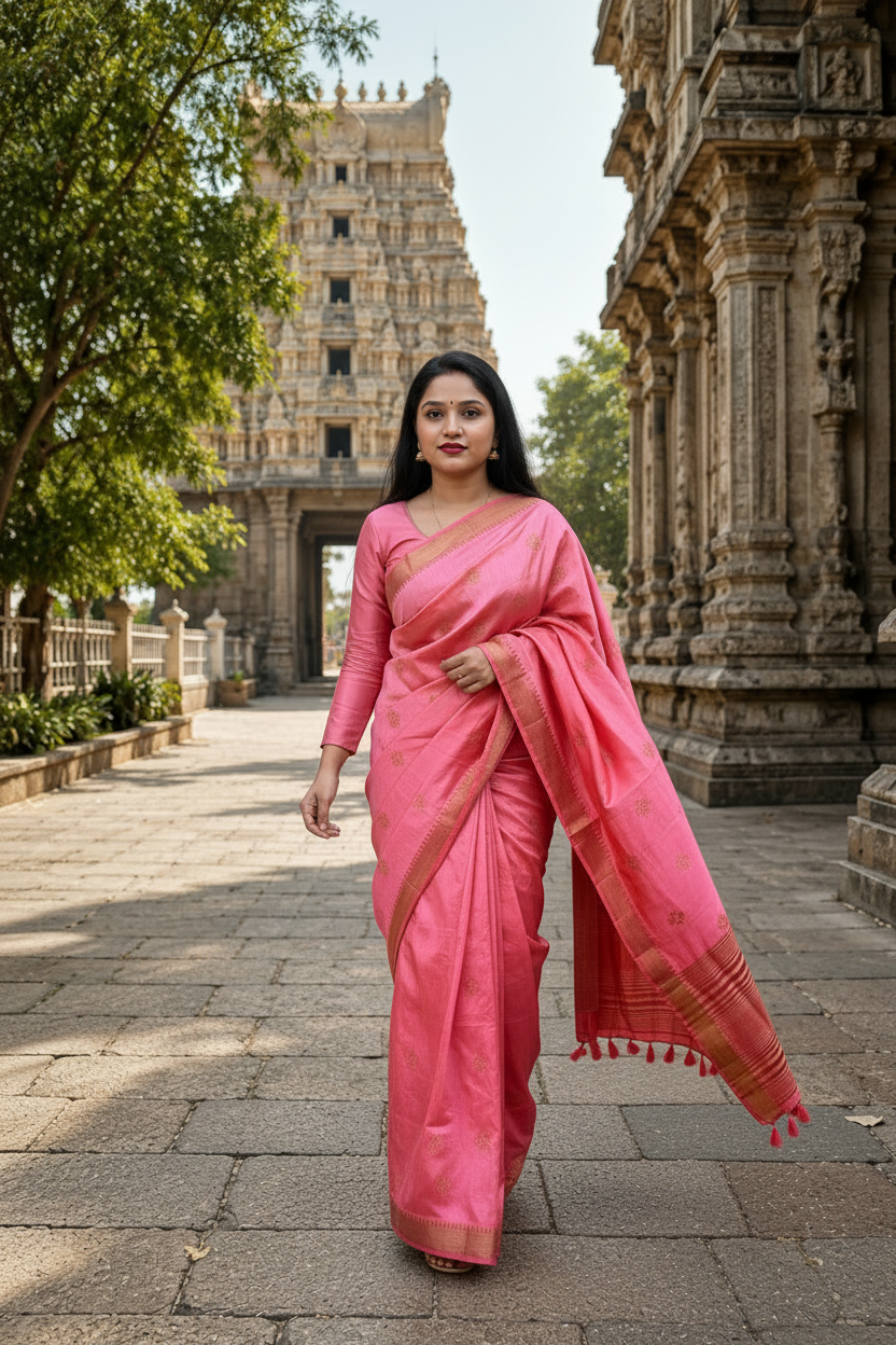 A woman wearing a pink silk saree with a gold border walks towards the camera in front of a historic stone temple in India.