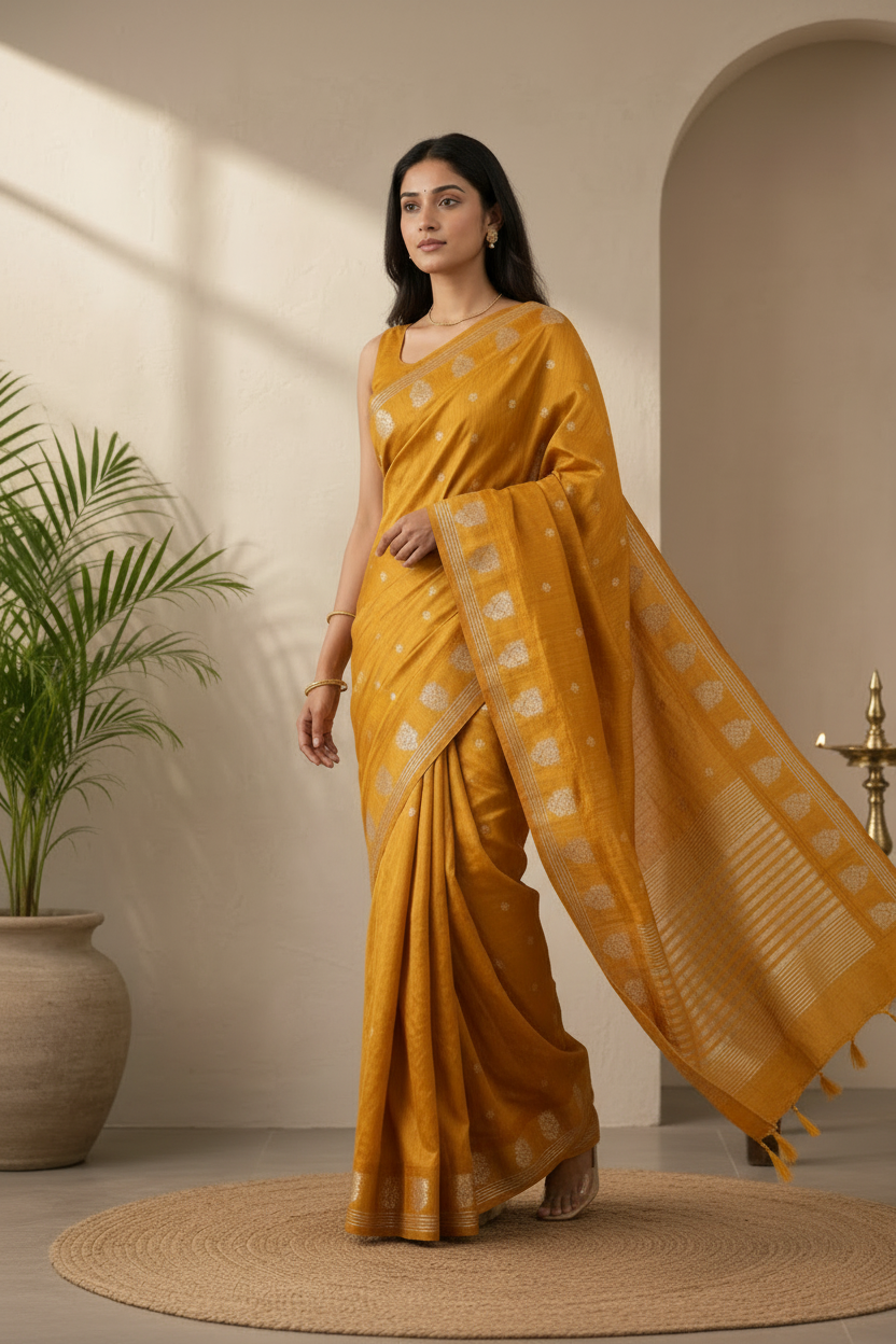 Woman in a mustard yellow saree standing in a well-lit room with a plant and small table in the background.
