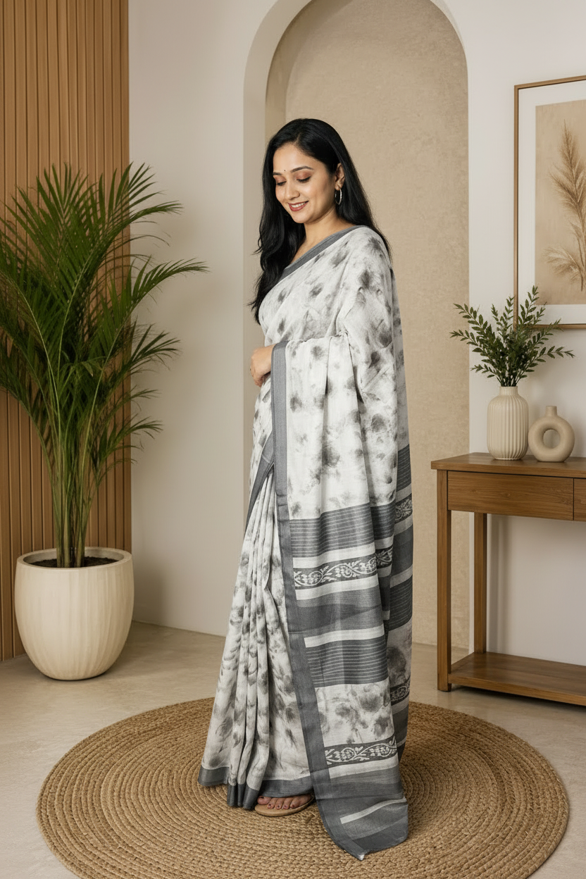 A woman modeling a gray and white tie-dye saree in a warm, modern indoor setting with a wooden console table, potted plants, and a woven rug.