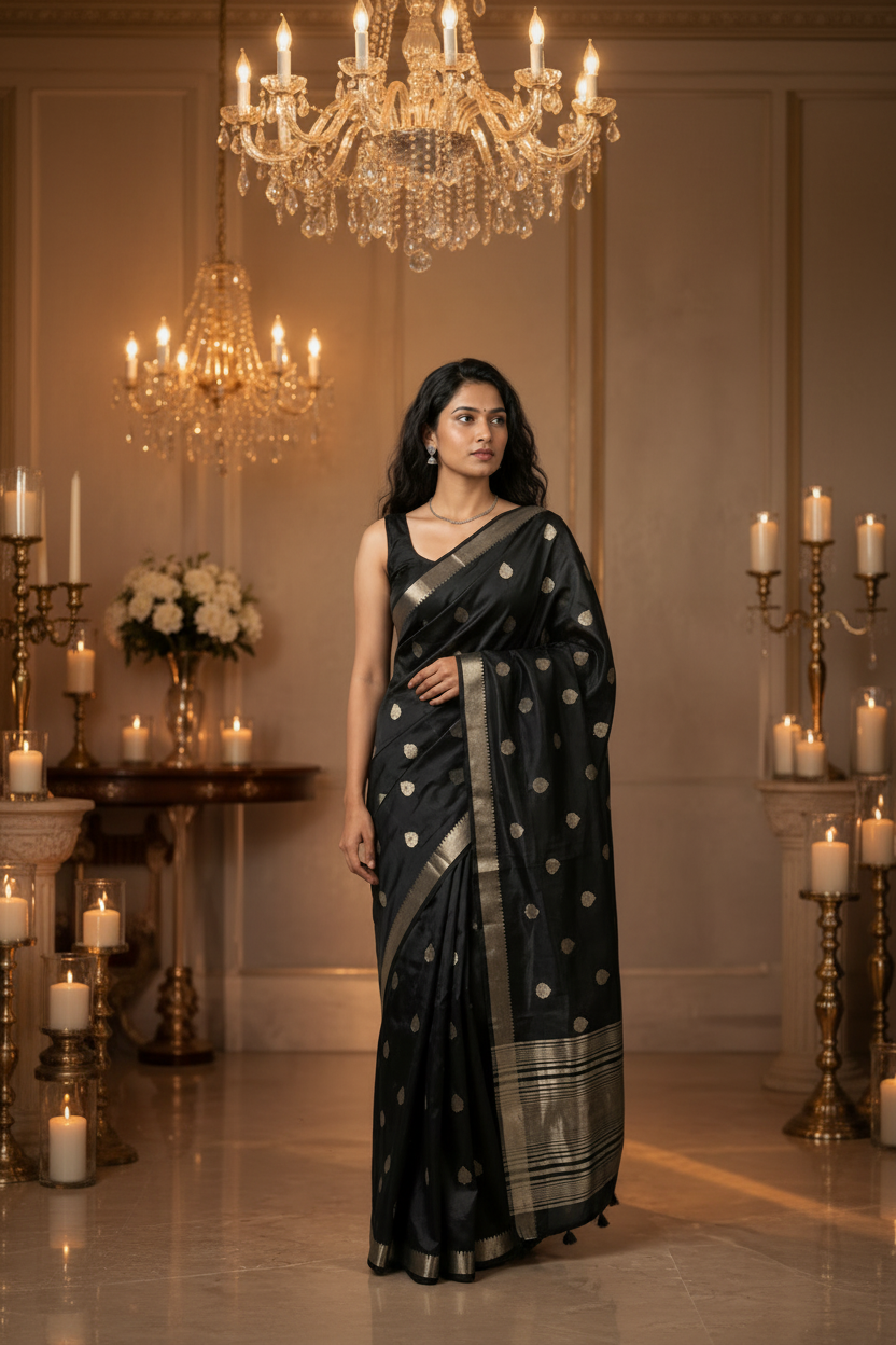 Black Raw Silk Saree with Rich Pallu & Elegant Tassels | Party Wear & Weekend Saree
