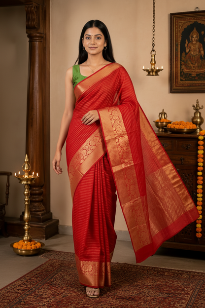 Sunset Radiance Mysore Crepe Silk Saree – Orange Elegance Edition