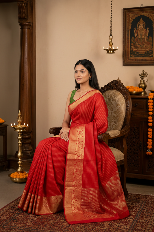 Sunset Radiance Mysore Crepe Silk Saree – Orange Elegance Edition