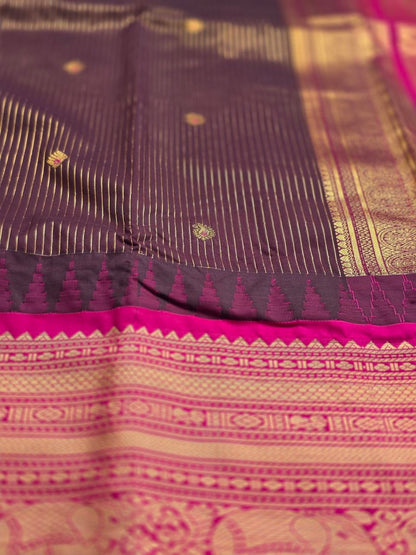 Artisan Premium Semi Gadwal Saree – Deep Snuff Brown & Pink