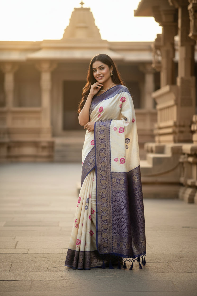 Woman in a traditional saree standing in front of architectural structures