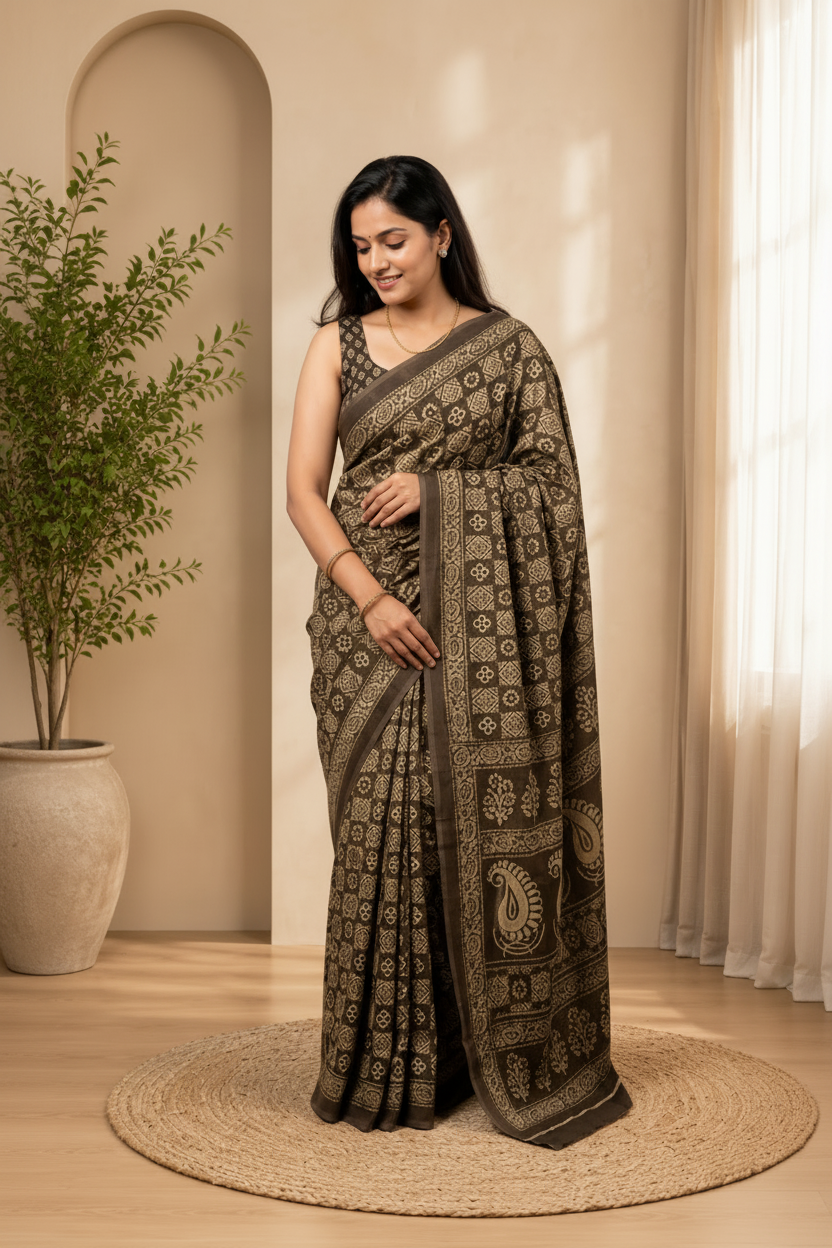Woman in a traditional saree standing in a room with a plant and curtains.