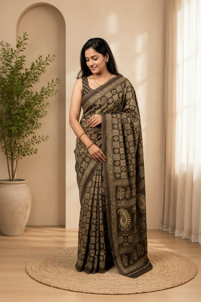Woman in a traditional saree standing in a room with a plant and curtains.