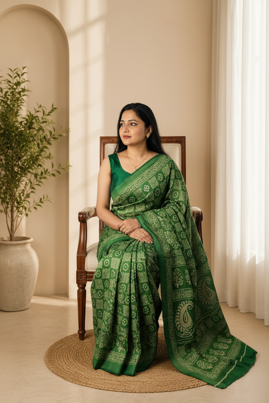Woman in a green saree sitting on a chair in a well-lit room with a plant and curtain in the background.