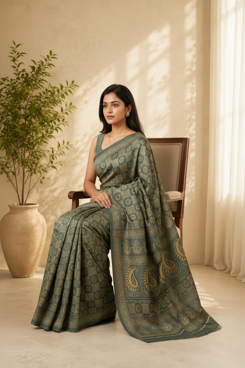 Woman in a grey saree sitting on a chair with a plant and curtain in the background