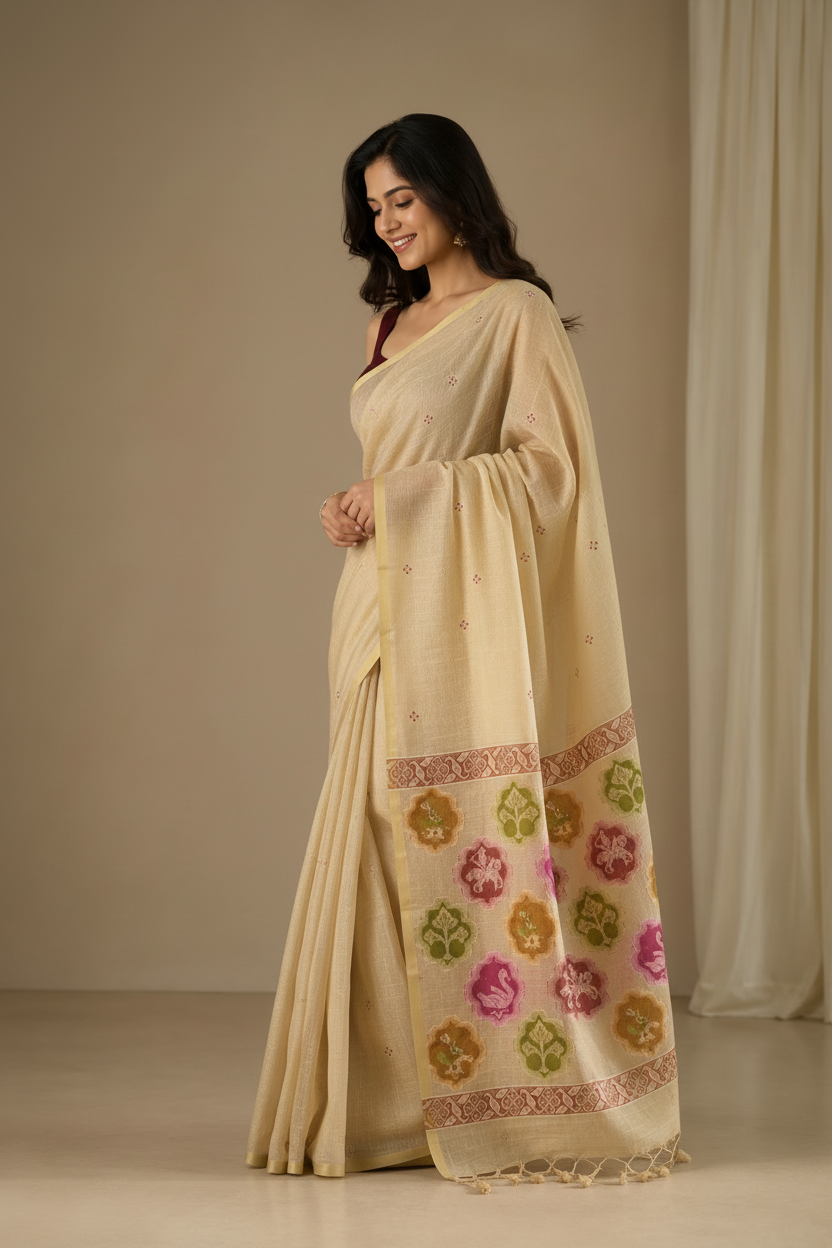 Beige & Gold Malabar Linen Saree | Premium Linen Saree