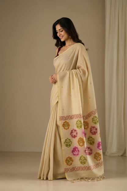Beige & Gold Malabar Linen Saree | Premium Linen Saree