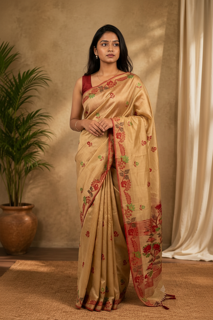 Woman in a beige saree with floral patterns standing against a neutral background