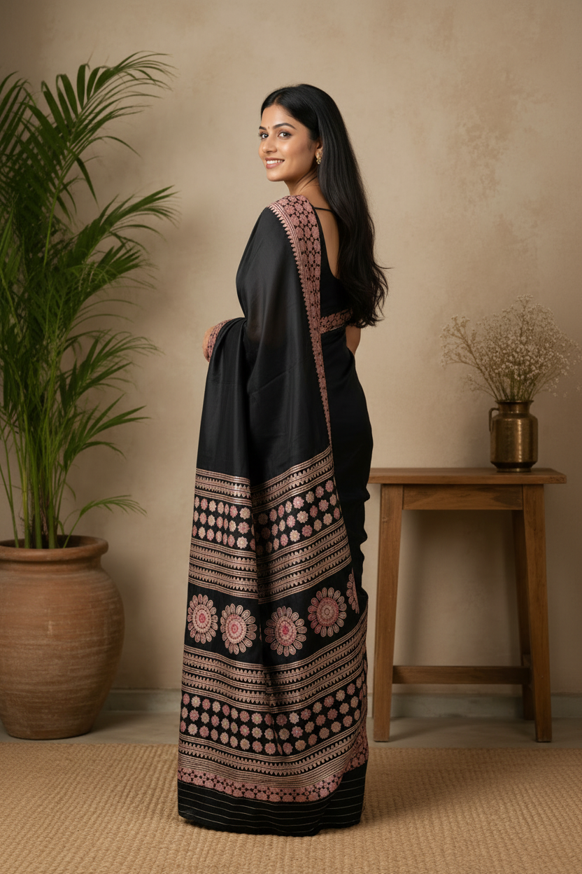 Woman wearing a black saree with intricate patterns in a room with a plant and wooden table.