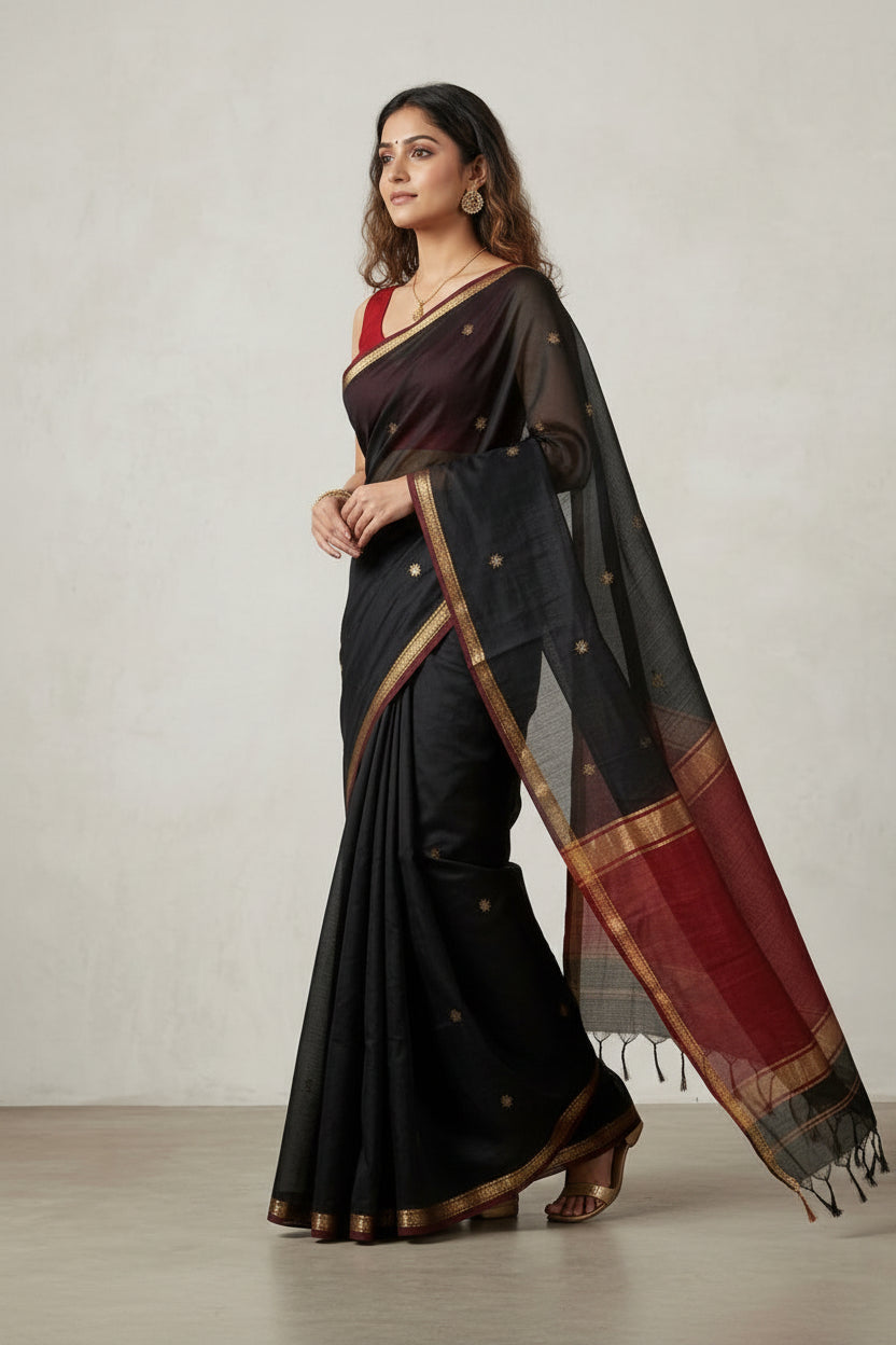 Woman wearing a black saree with gold and red accents on a plain background