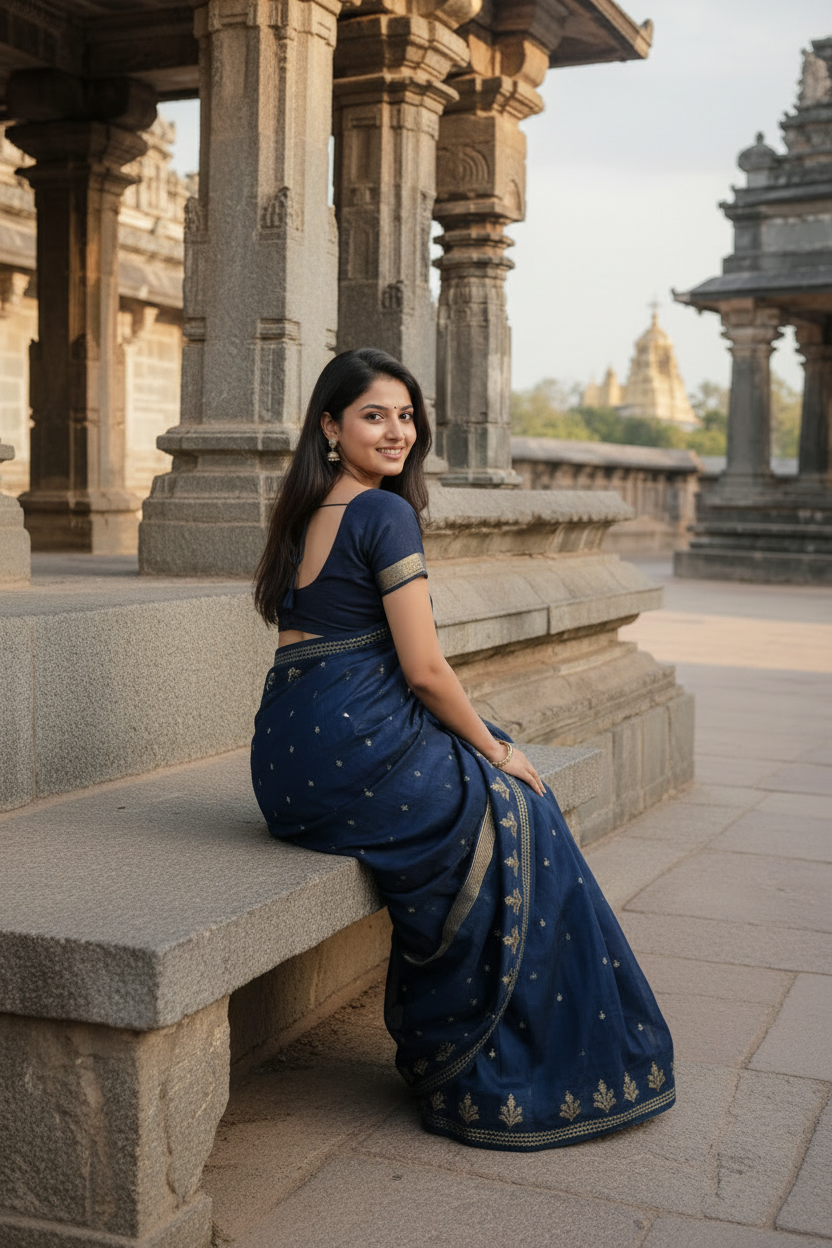 Woman in a blue saree sitting on stone steps in front of an ancient temple.