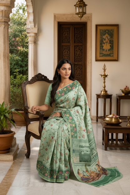 Woman in a green saree sitting in an ornate room with decor elements.