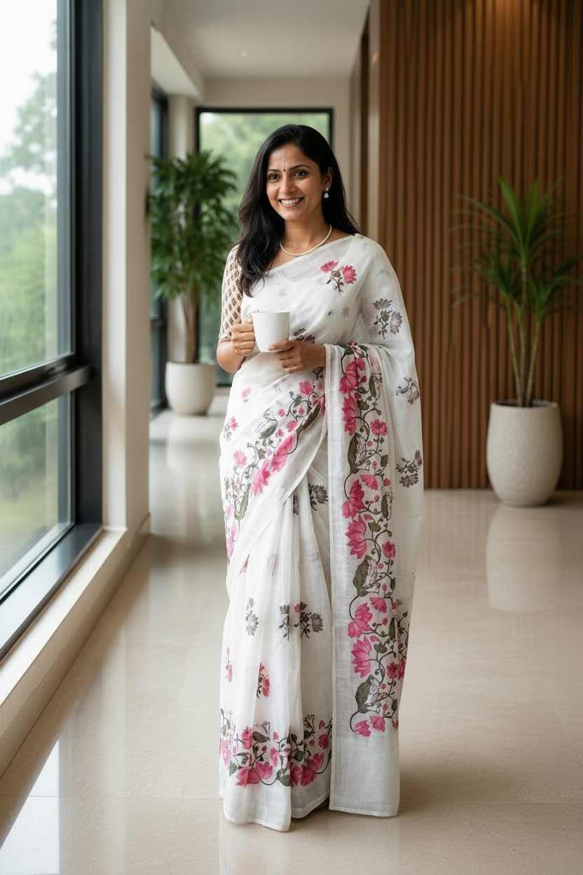 Woman wearing a white saree with floral patterns in a modern indoor setting