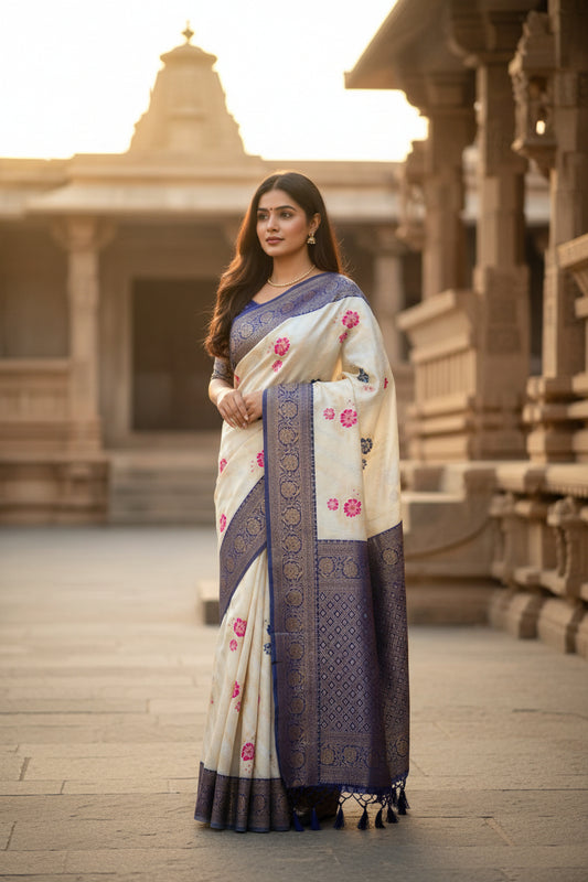 White and blue patterned scarf with floral designs on a white surface.