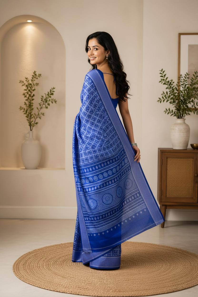 Woman in a blue saree standing in a room with plants and a cabinet.