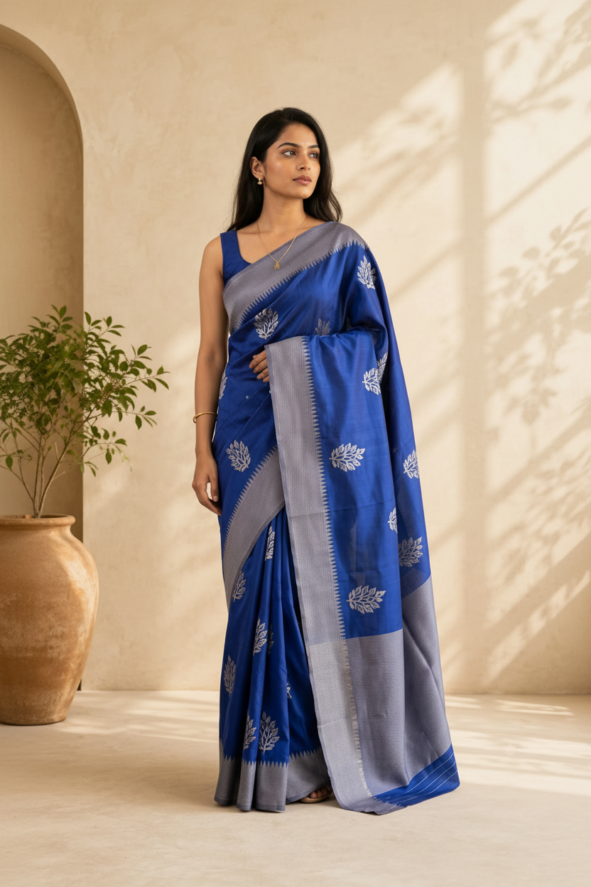 Woman wearing a blue and grey saree with a neutral background
