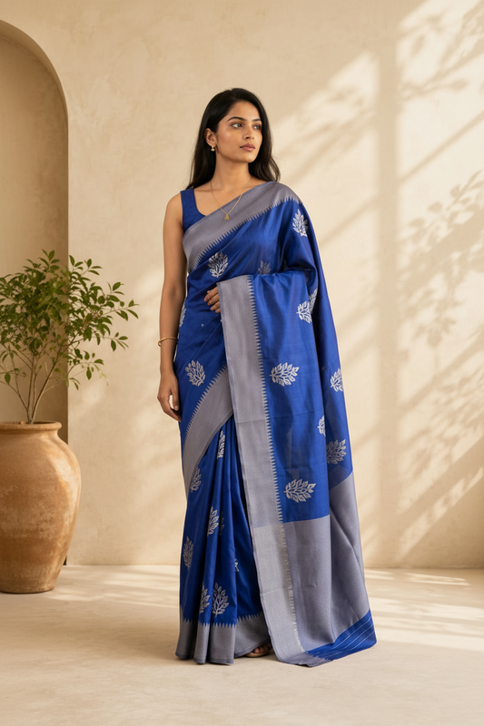 Woman wearing a blue and grey saree with a neutral background