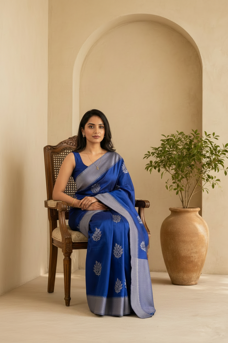 Woman in a blue saree sitting on a wooden chair in a room with a plant and archway.