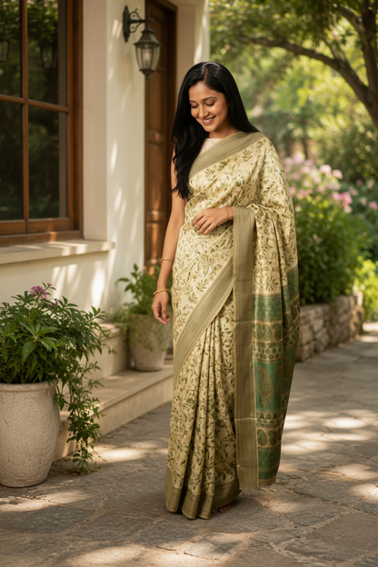 A woman wearing a beige and gold patterned silk saree with a green border, standing outdoors on a stone pathway next to a building.