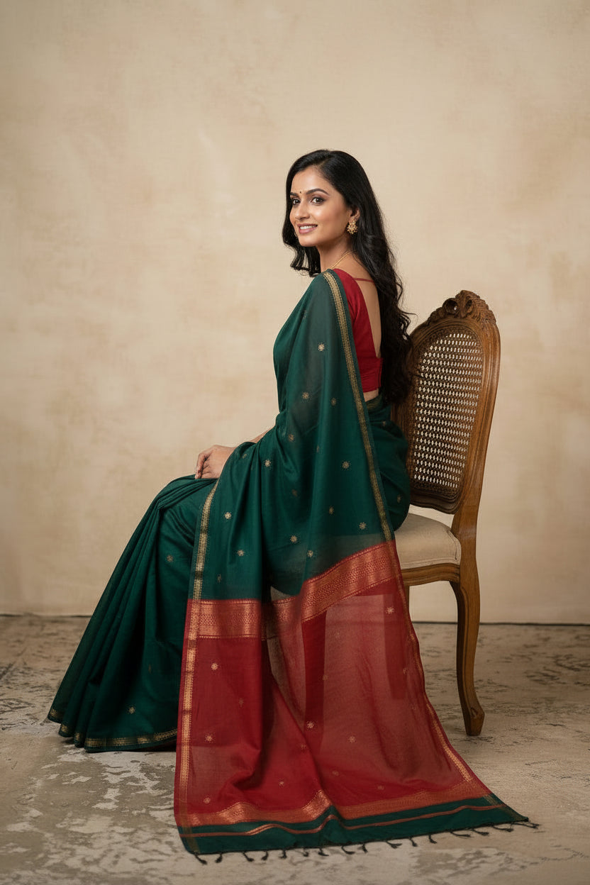 Woman wearing a green and red saree with a plain background