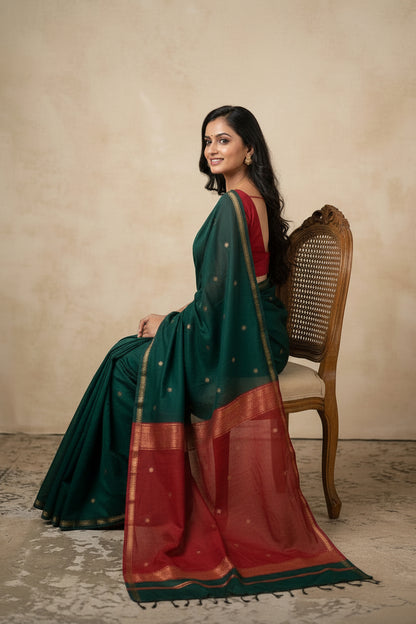 Woman wearing a green and red saree with a plain background