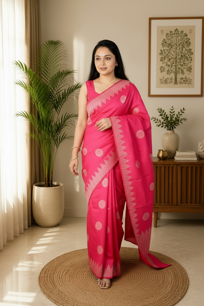 Woman in a pink saree standing in a room with plants and a painting on the wall.