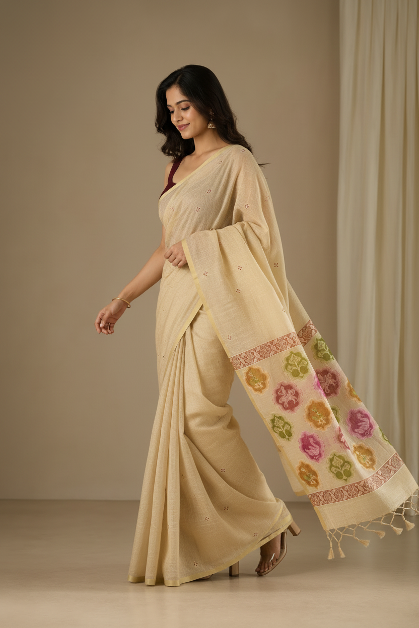 Classic Beige Malabar Linen Saree with Rich Golden Border