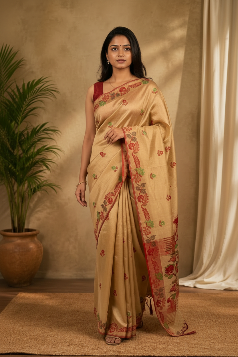 Woman wearing a beige saree with floral patterns in a room with a plant and curtain.