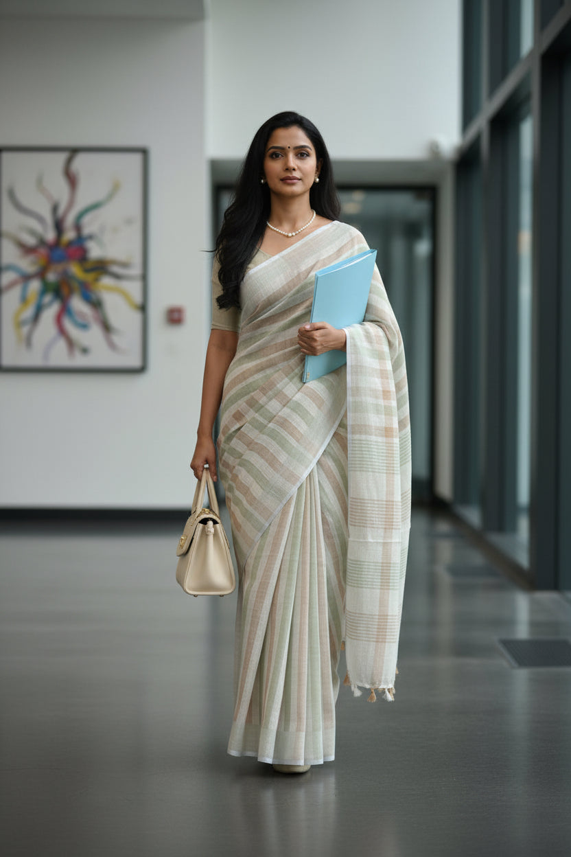 Woman in a white saree standing in a modern indoor setting with abstract art in the background.