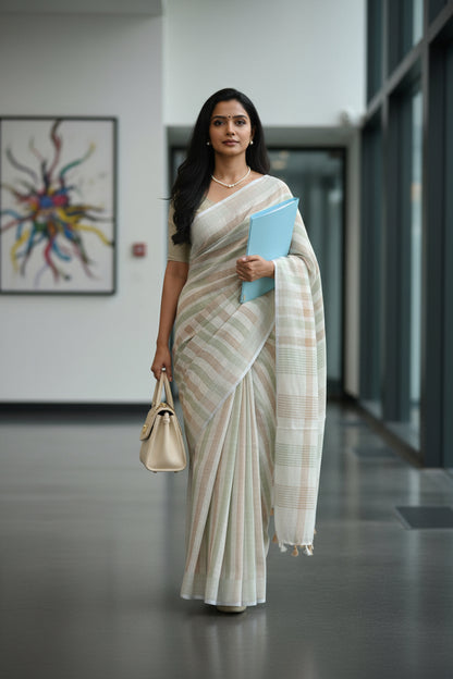 Woman in a white saree standing in a modern indoor setting with abstract art in the background.