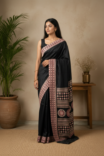 Woman wearing a black saree with pink patterns in a room with a plant and wooden table.