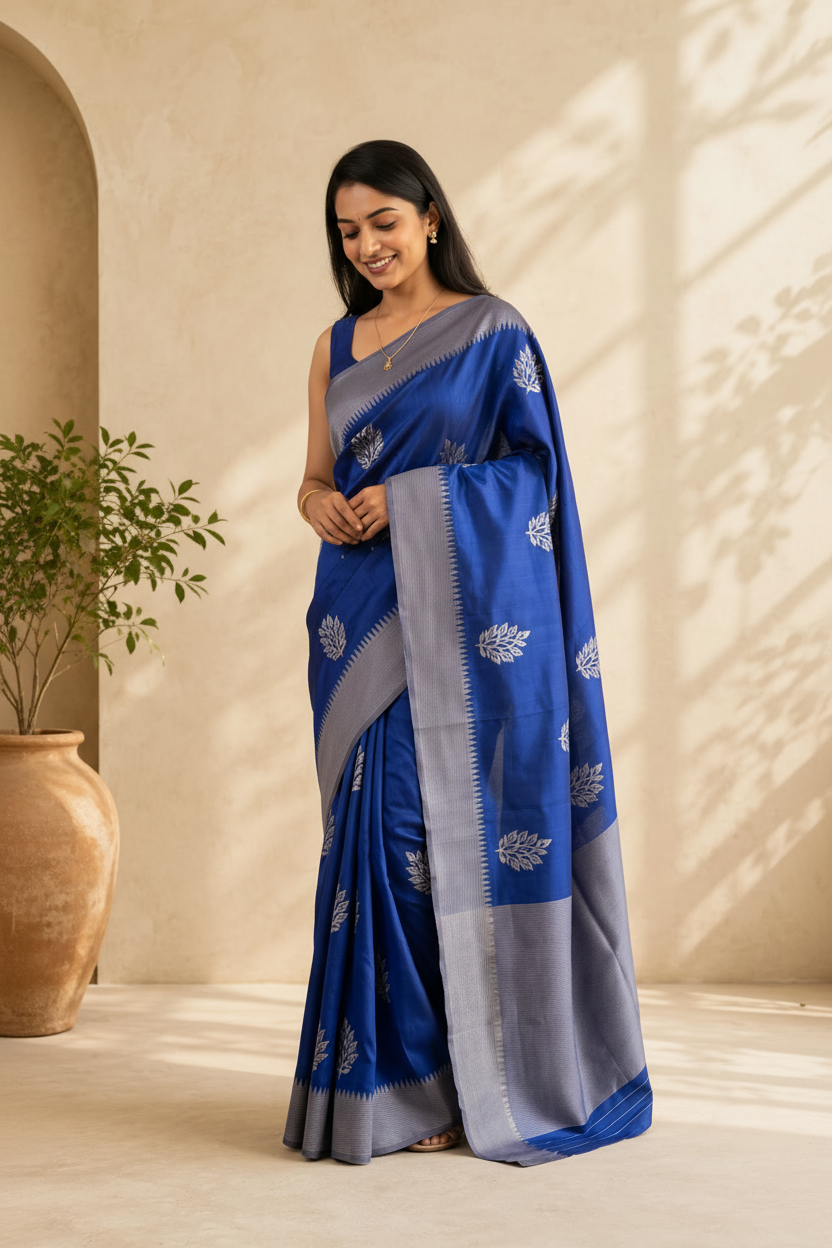 Woman wearing a blue saree with silver patterns in a well-lit room.
