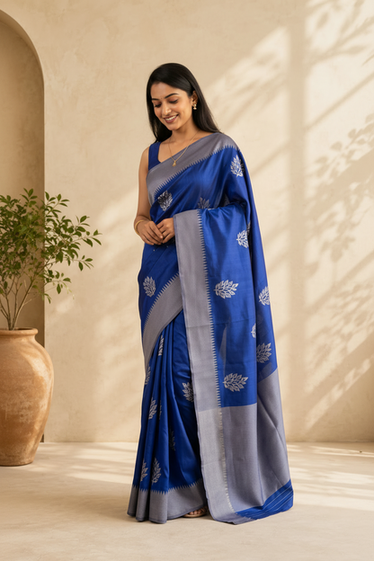 Woman wearing a blue saree with silver patterns in a well-lit room.