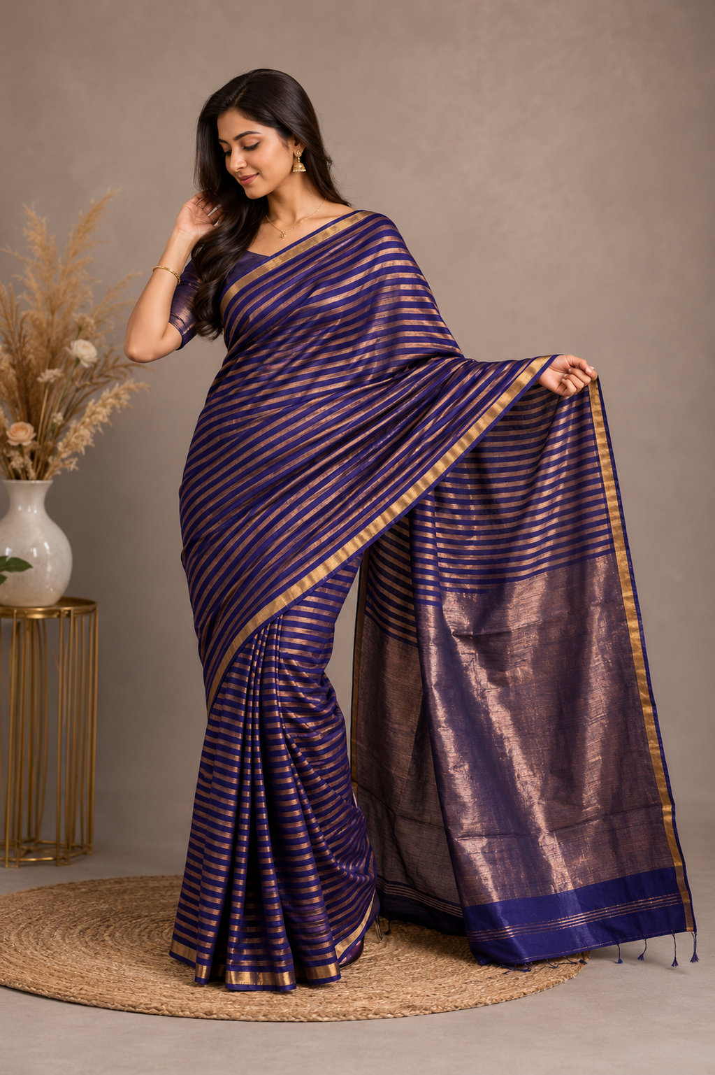 Woman wearing a purple saree with a gold border against a neutral background