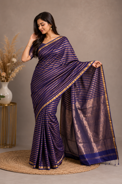 Woman wearing a purple saree with a gold border against a neutral background