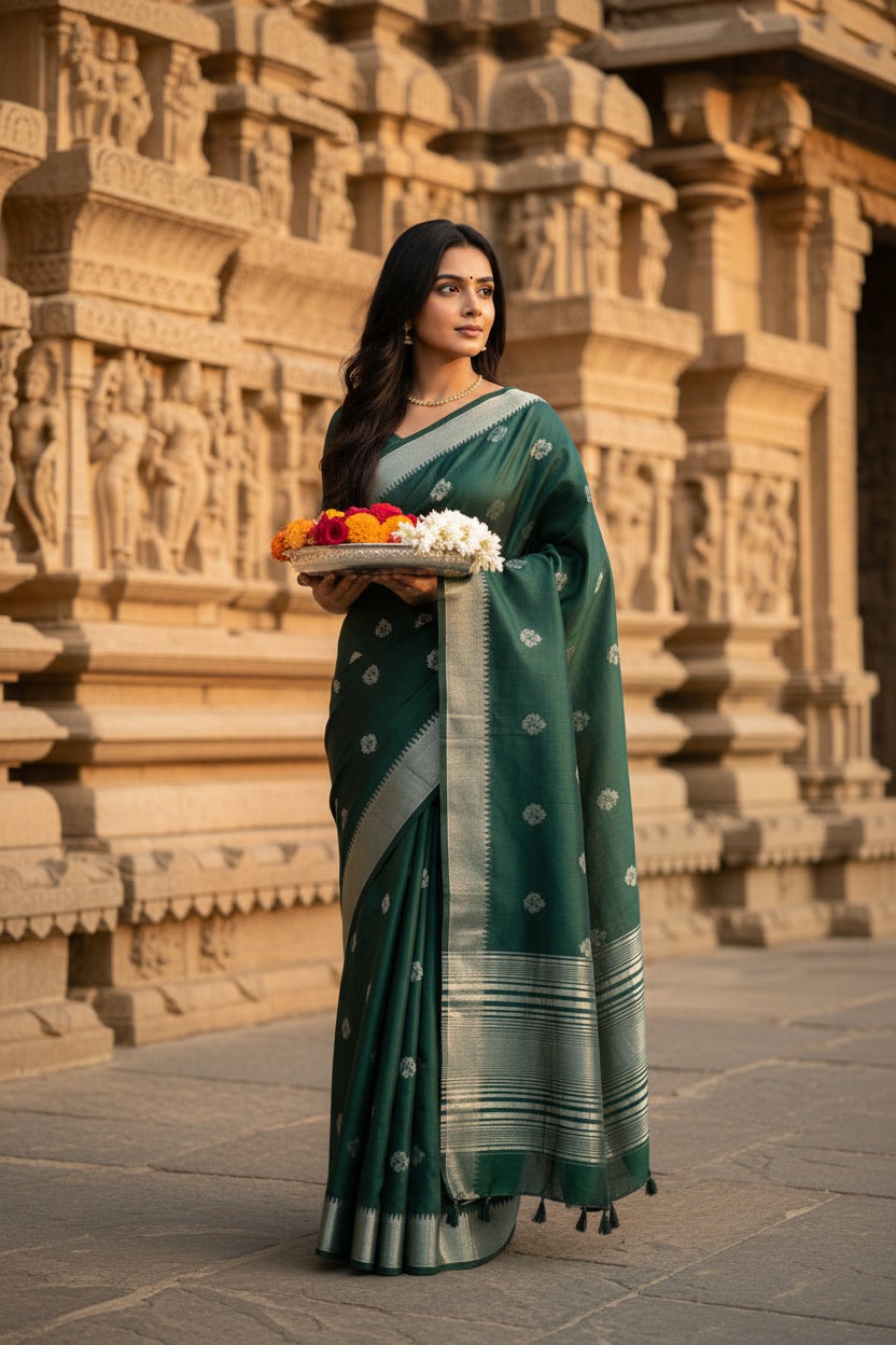 Woman in a green saree standing in front of an architectural structure.