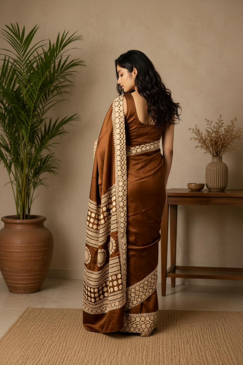 Woman holding a brown and beige patterned scarf in a home setting