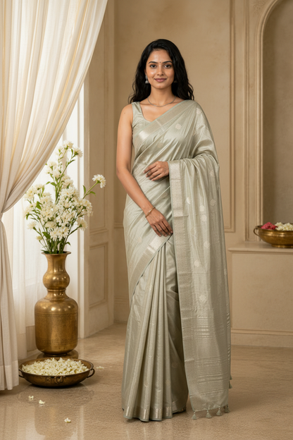 Classic Celadon Green Raw Silk Saree with Designer Tassels