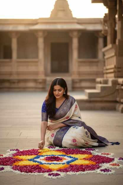 Woman in a traditional saree standing in front of architectural structures