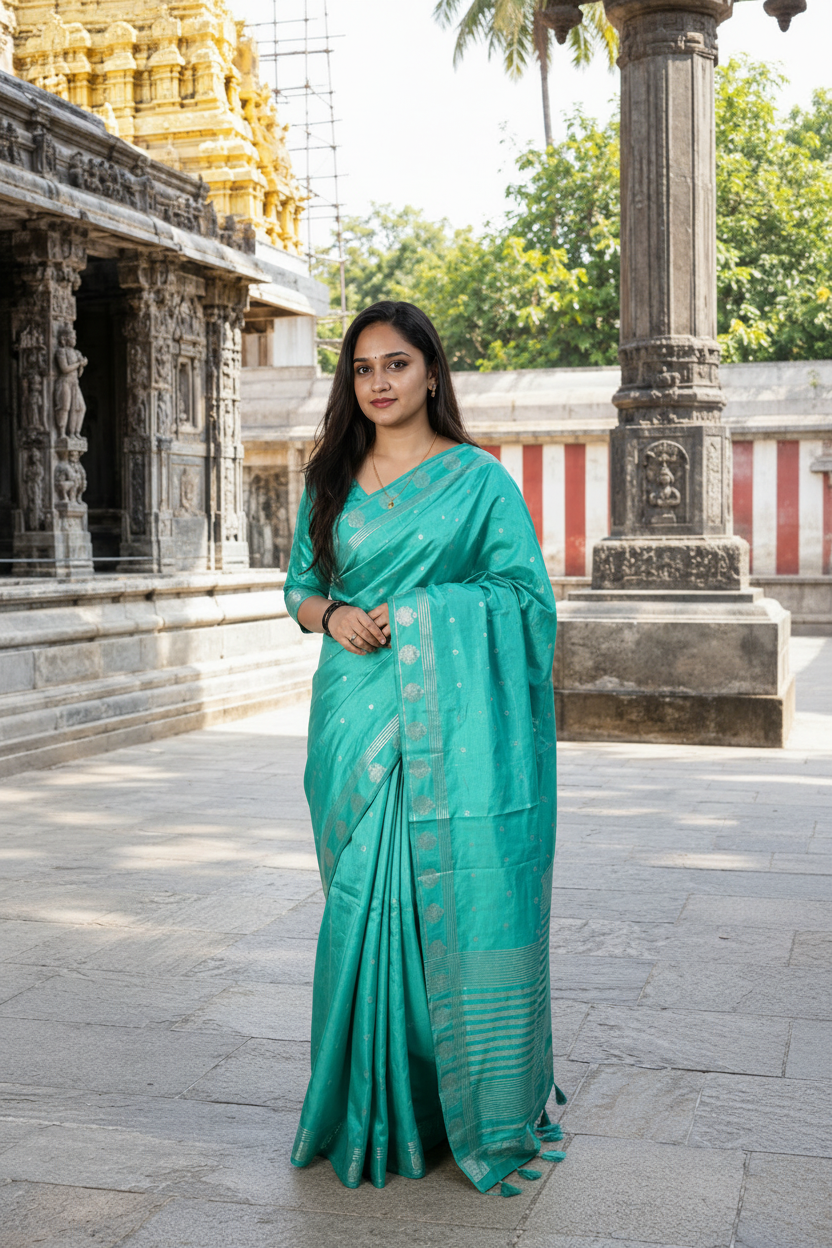 A woman wearing a teal green silk saree with gold zari embroidery stands in a courtyard in front of a traditional temple, with stone pillars and a golden gilded structure in the background.